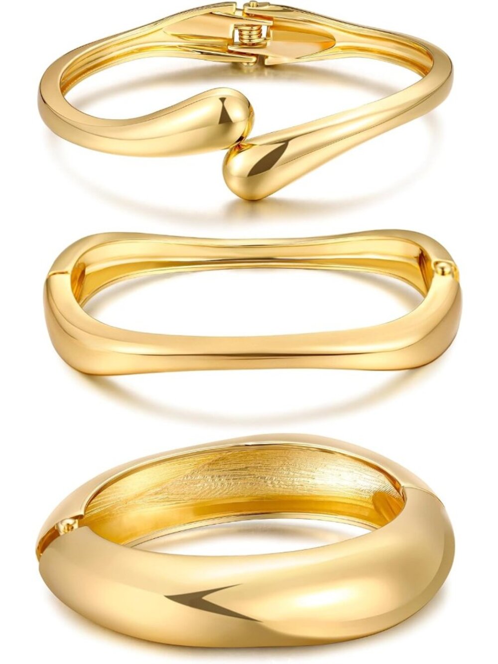 Trendy Chunky Gold Bangle Bracelets Set, Stackable 14k Gold Plated Cuffs